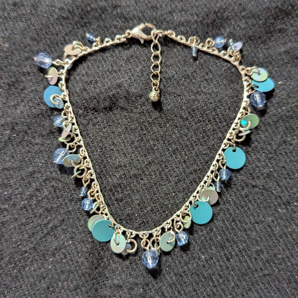 Silver Tone Pastel Blue Beaded And Sequin Statement Bracelet Anklet